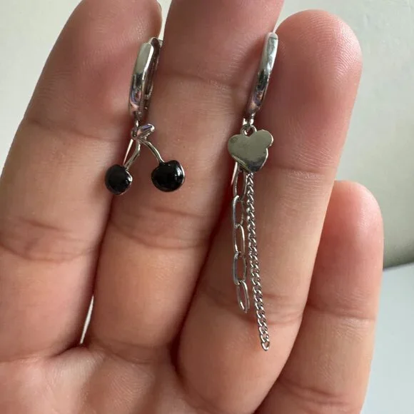 925 Silver Black Cherry & Heart Chain Hoop Earrings - Picture 6 of 9
